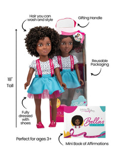 Bella, the 18-inch doll in a denim pinafore