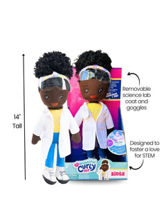 Binta Scientist plush doll with natural curly hair and a lab coat