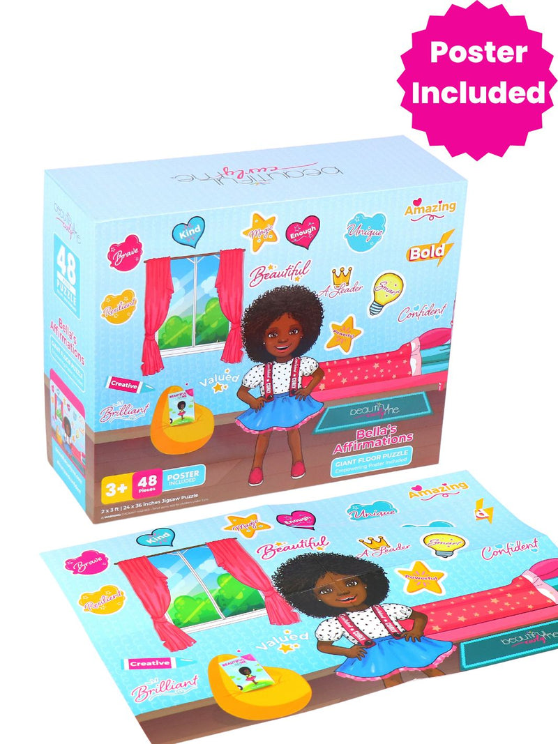Bella's Affirmations 48-piece floor puzzle laid out beside its poster