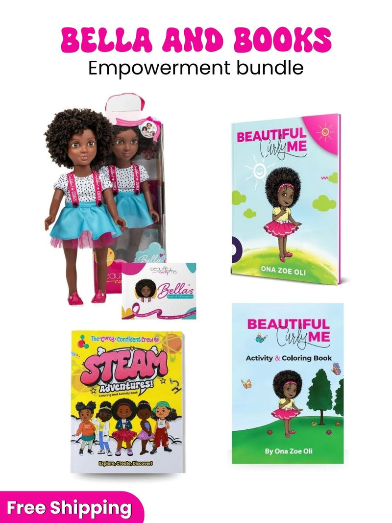Bella 18-inch doll with the Beautiful Curly Me picture book and activity coloring book