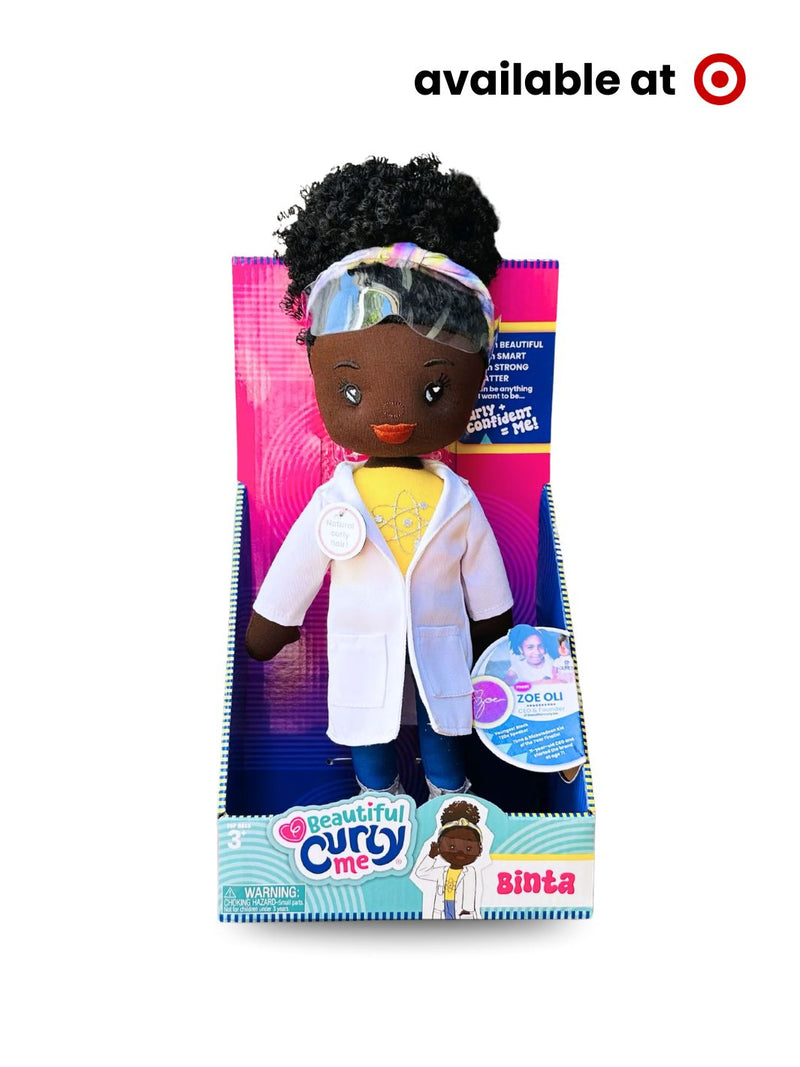 Binta Scientist, a 14-inch plush doll with natural curly hair in a scientist's lab coat