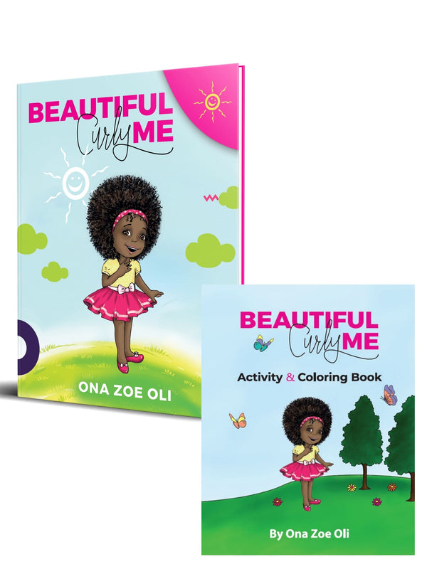 The Beautiful Curly Me picture book beside its activity and coloring book