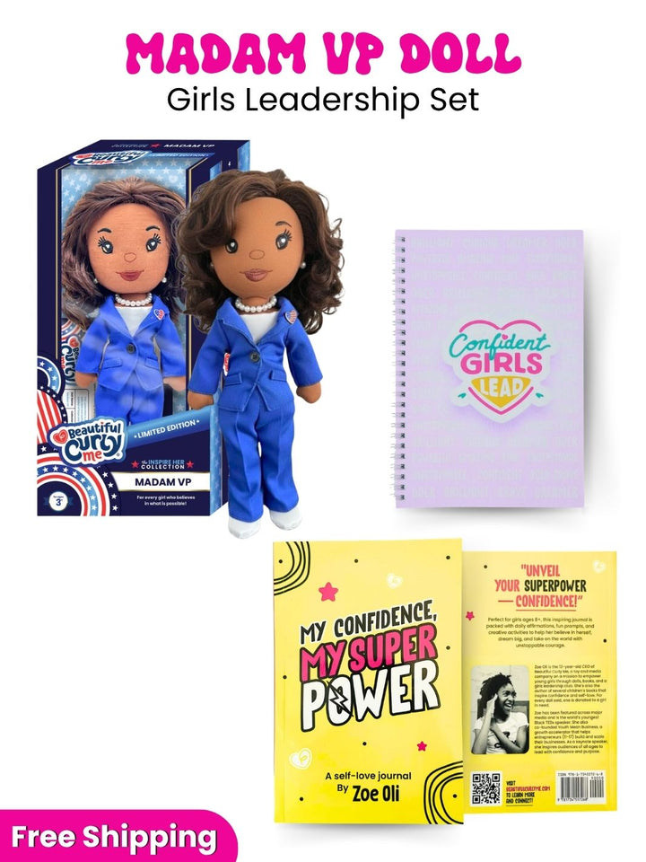 MADAM VP Doll Girls Leadership Set with doll, notebook, and book on a white background